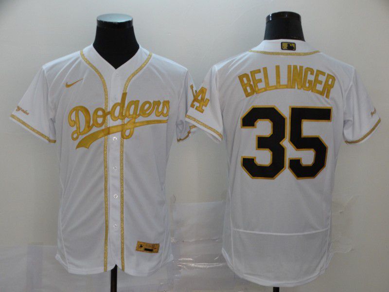 Men Los Angeles Dodgers #35 Bellinger White Retro gold character Nike Elite MLB Jerseys
